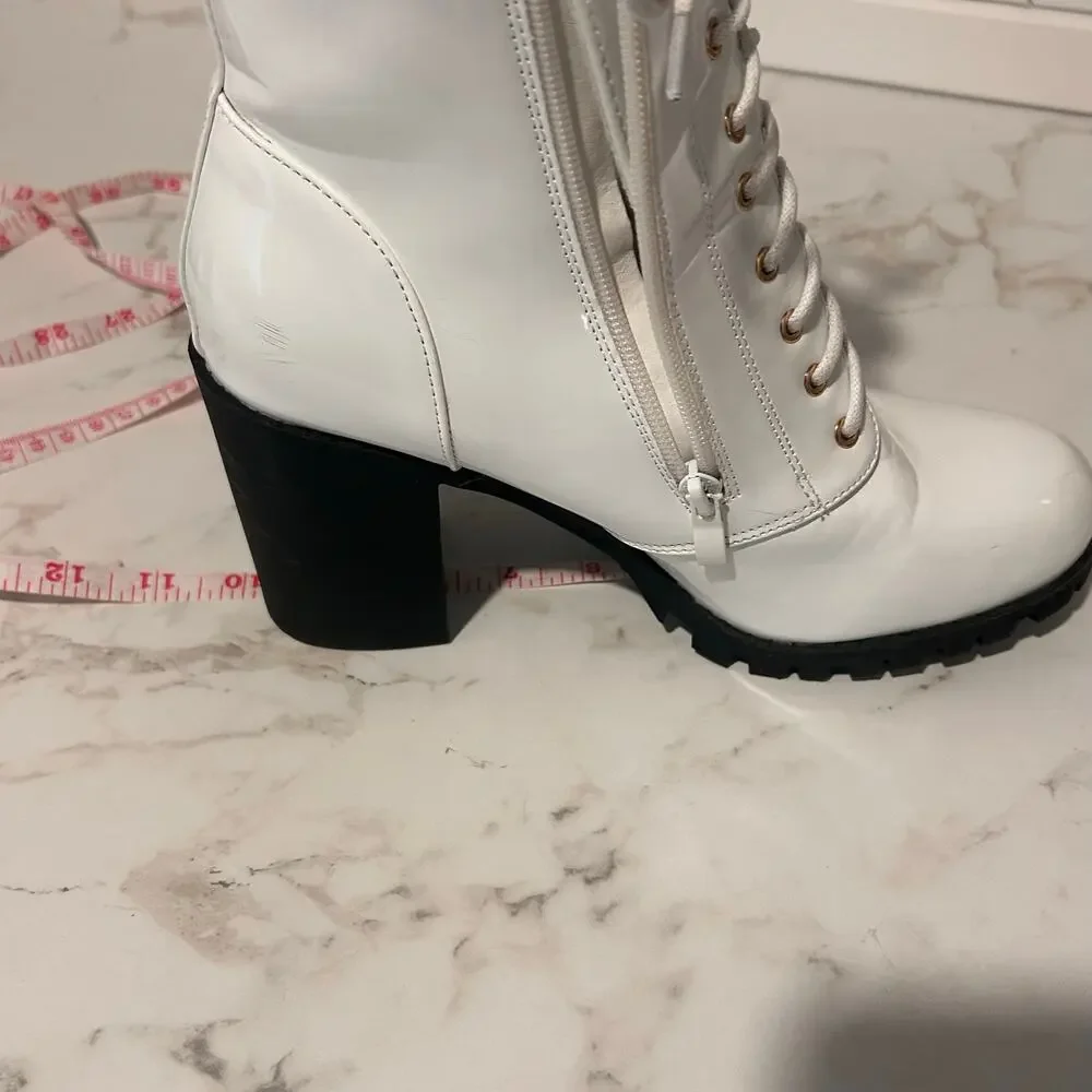 White Patent Combat Boots Womens Size 9 Chunky Heel Lug Sole Y2K Goth